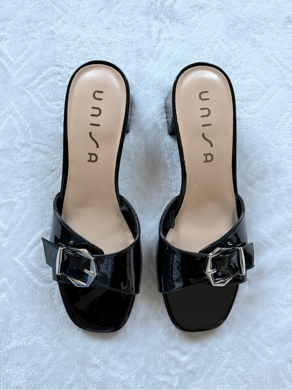 Unisa Black Patent Buckle Mule Sandals